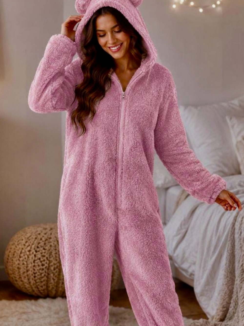 Cozy Rose Pink  Women’s  Fleece - onesie. Front Zip. Hoodie bear ears. Fits S-L🐻